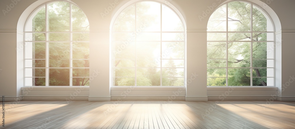 Fototapeta premium The sunlight streams through the arched windows of an empty building, casting warm tints and shades on the hardwood flooring and wooden facade