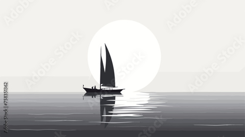A black and white illustration of a lone sailboat o