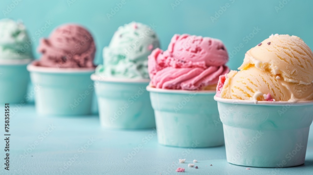 Assorted ice cream cups on blue background. Fresh and tasty ice cream cups, gelato. Room for copy space.