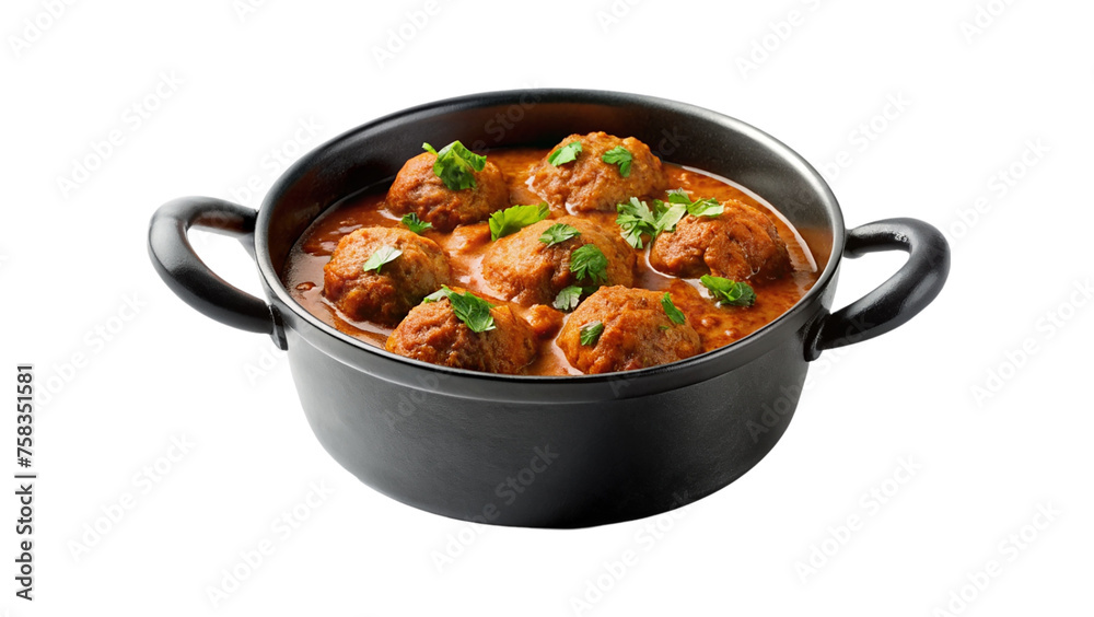 Meatballs in tomato sauce in a black pot isolated on transparent background.