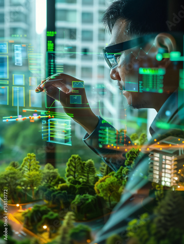 A Photo Of An Engineer Using Augmented Reality To Design An Eco-Friendly Building With A Transparent Display Showing Energy Efficiency Metrics