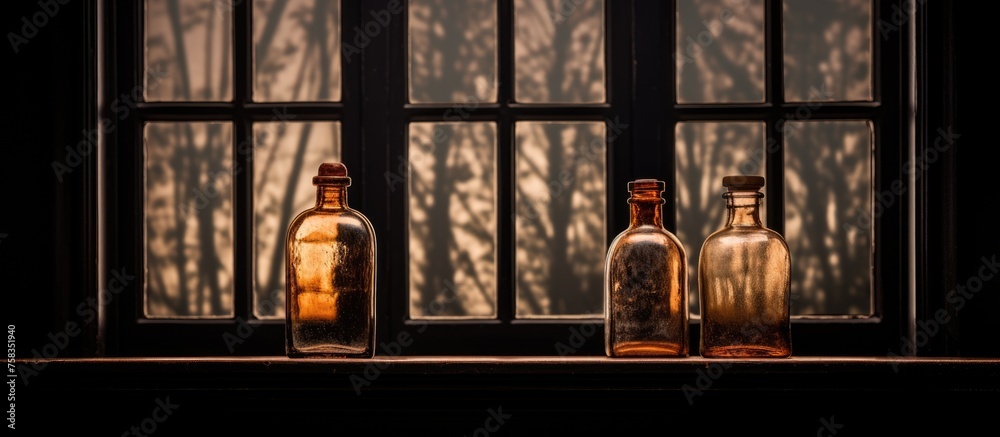 Three glass bottles of alcoholic beverage are displayed on a brown wooden window sill, casting tints and shades of color in the sunlight