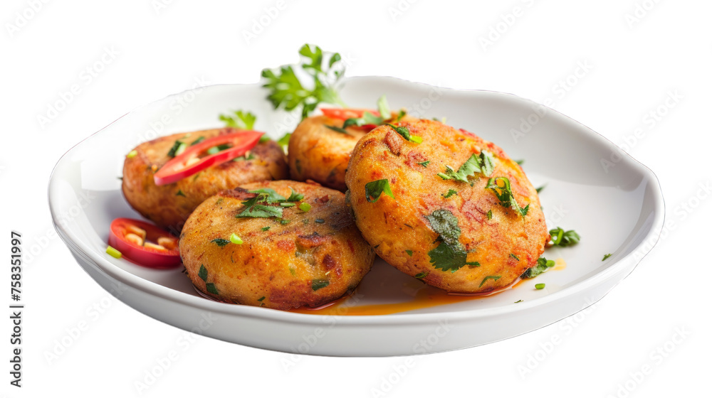 Aloo Tikki on a plate isolated on transparent png background. Generative ai Aloo Tikki on a plate isolated on transparent png background. Generative ai