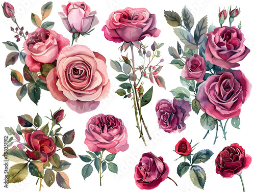 Roses bouquets clipart set on a white background for crafts, cards, invitations, and art projects.