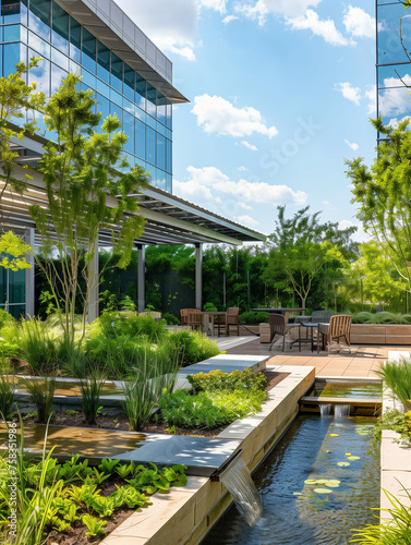 A Photo Of A Company's Green Roof Break Area Where Employees Can Relax Among Plants And Solar-Powered Water Features Emphasizing Workplace Sustainability