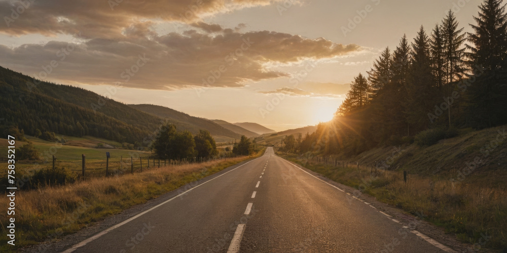 A road with side vegetation and mountains in the background. Clouds in the sky. Warm colors. Vintage and travel concepts. Space for text.