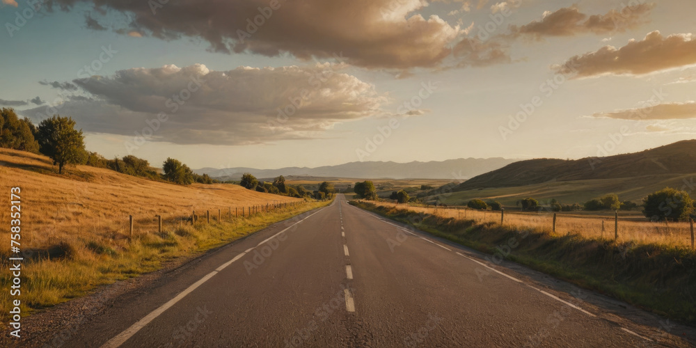 A roadA road with side vegetation and mountains in the background. Clouds in the sky. Warm colors. Vintage and travel concepts. Space for text.