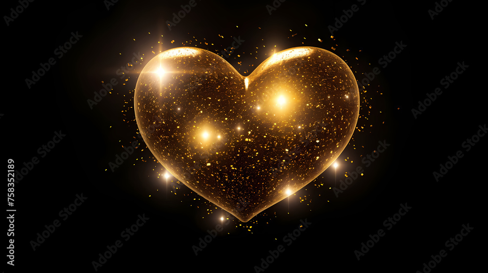 Glittery golden heart on black background with copy space Glittery golden heart on black background with copy space