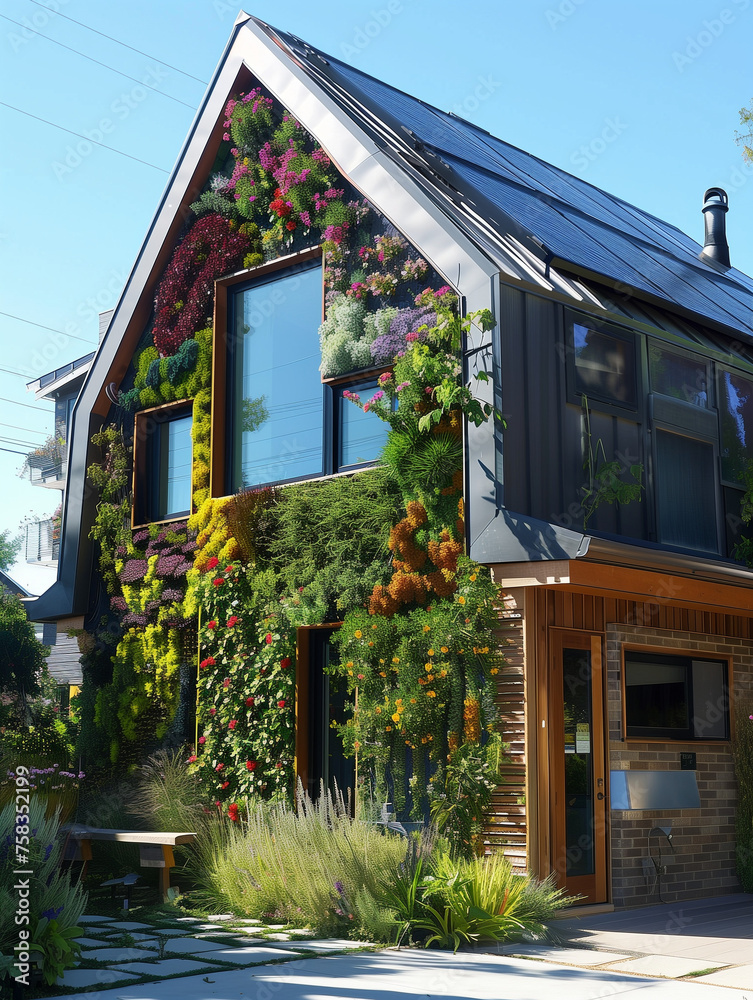 Obraz premium A Photo Of An Eco-Friendly Home With A Green Living Wall Solar Panels And A Rainwater Harvesting System Showcasing Sustainable Living Practices