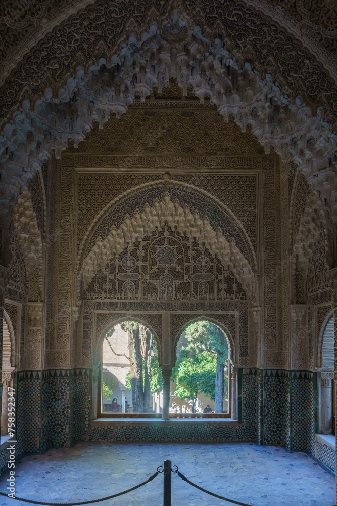 Beautiful architecture inside moorish palace with detailed artwork, Granada, Andalusia, Spain