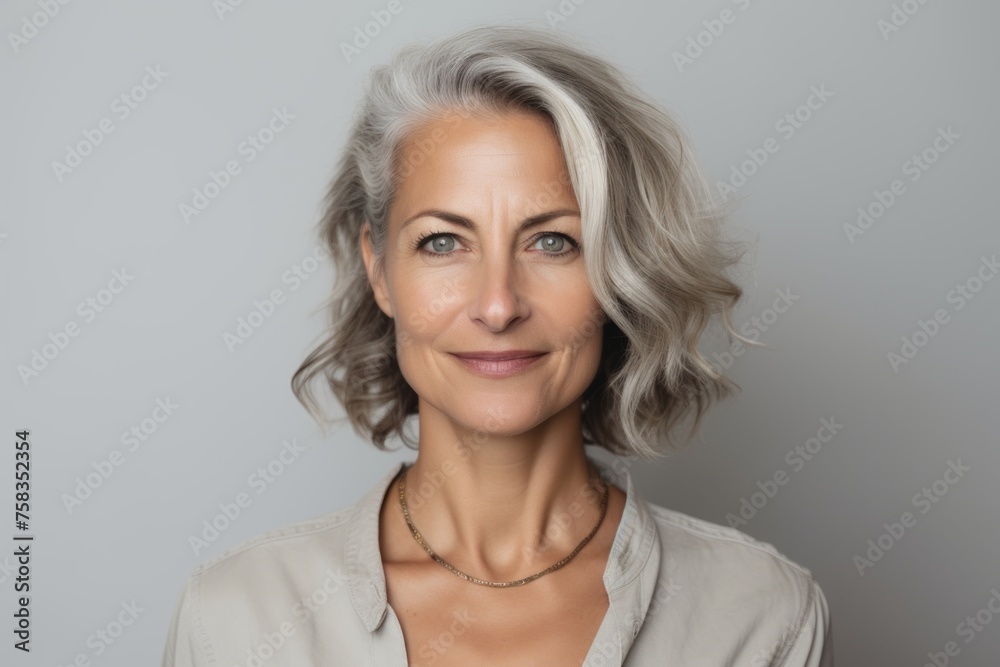 Portrait of a beautiful middle aged woman with gray hair, isolated on grey background Portrait of a beautiful middle aged woman with gray hair, isolated on grey background