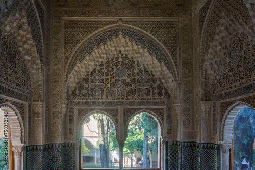Beautiful architecture inside moorish palace with detailed artwork, Granada, Andalusia, Spain
