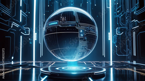A technological room of the future, with a floating sphere. Blue and white glittering lights. Data flow. Space for text. Technology, artificial intelligence, futuristic, science concepts.