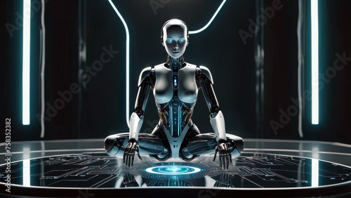 An android woman sitting in a super technological room. Shades of blue and silver. Data flow. Space for text. Technology, artificial intelligence, future concepts photo