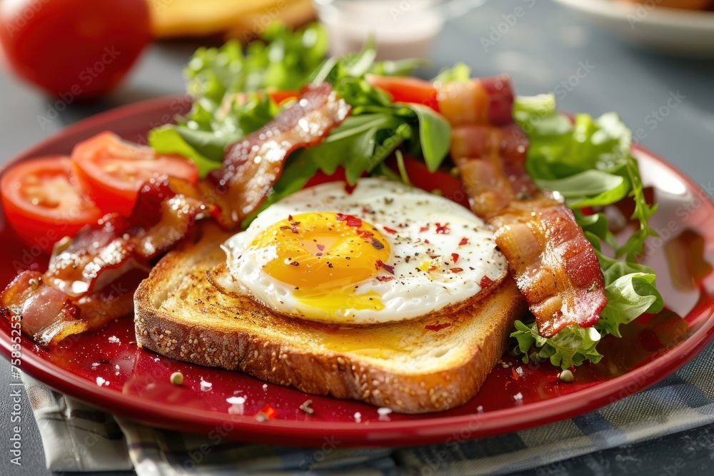 A plate of breakfast food, including bacon and eggs, sits on a table.