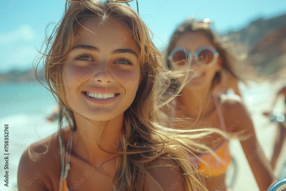 Two women with sunglasses smiling on beach, enjoying sun and water Two women with sunglasses smiling on beach, enjoying sun and water