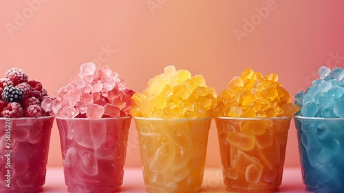 Colorful fruit flavored shaved ice summer treat on colorful background © Artistic_Creation