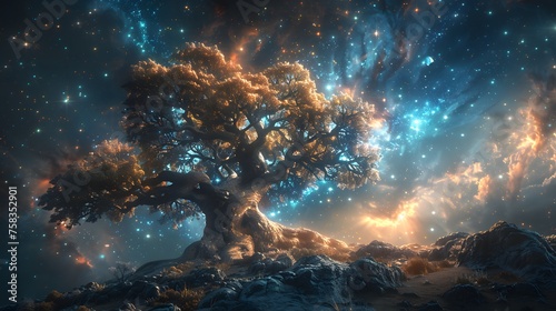 Cosmic nebula growing gigantic tree  growing on asteroid  universe  majestic  dreamy  extraterrestial planet