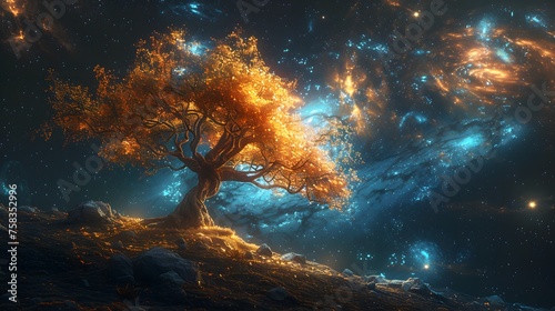 Cosmic nebula growing gigantic tree, growing on asteroid, universe, majestic, dreamy, extraterrestial planet