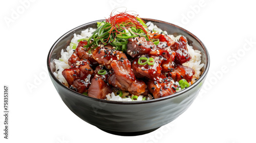 BBQ Pork Rice Bowl isolated on transparent png background. Generative ai 