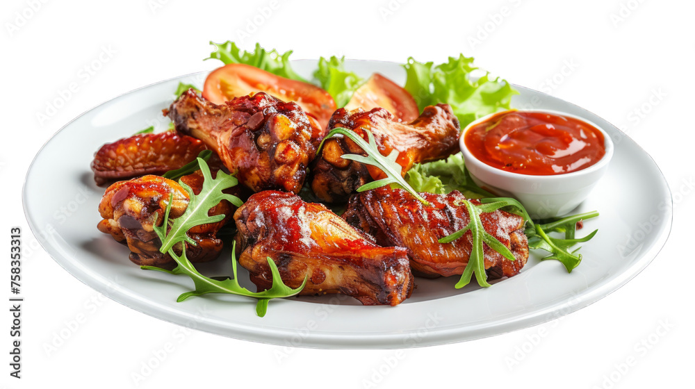 BBQ Wings on a plate isolated on transparent png background. Generative ai 