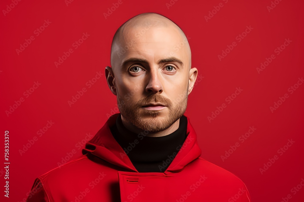 Portrait of a bald man in a red jacket on a red background. Portrait of a bald man in a red jacket on a red background.