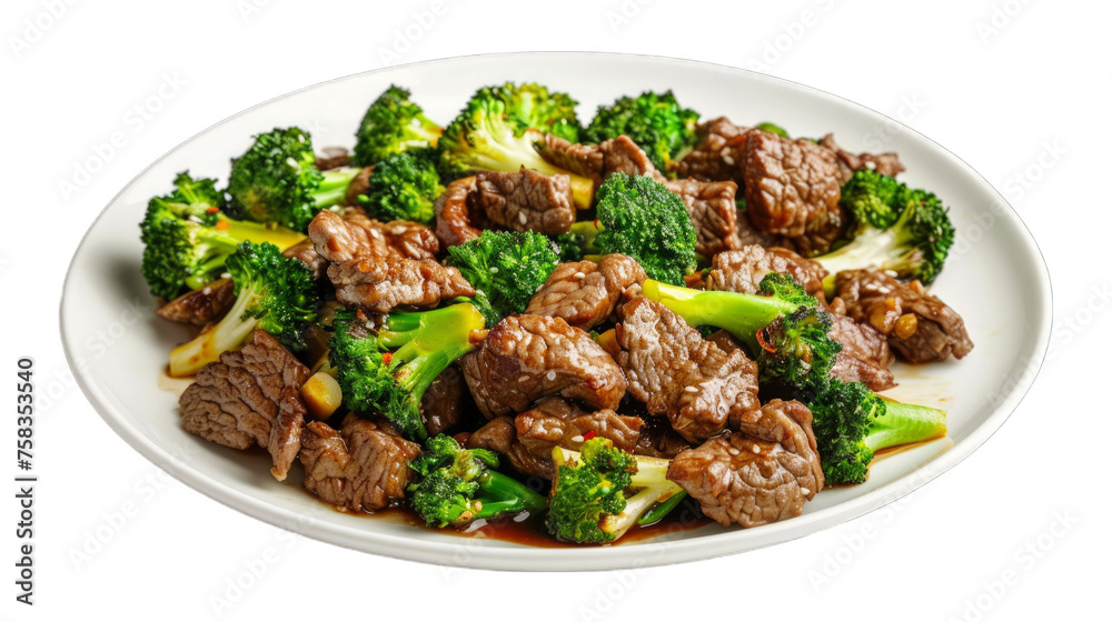 Beef and Broccoli Stir-Fry on a plate isolated on transparent png background. Generative ai 