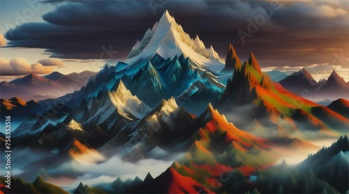 towering mountain peaks, kissed by the first light of dawn, surrounded by dramatic sky  photo