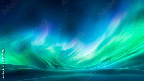 Green and blue aurora borealis dance across the dark sky in a stunning natural light show, a mesmerizing display of celestial beauty. Banner. Copy space. photo