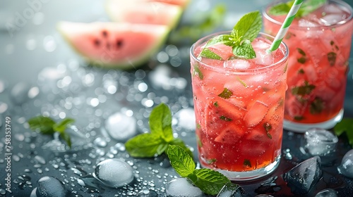 Fresh summer mocktail watermelon juice with ice in a two glass and glass straw on white background. Layout for wide banner with space for text. © Artistic_Creation