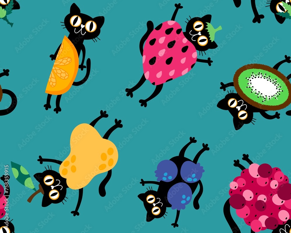Cartoon summer animals and fruit seamless cats and strawberry and lemon and pears and kiwi pattern Cartoon summer animals and fruit seamless cats and strawberry and lemon and pears and kiwi pattern