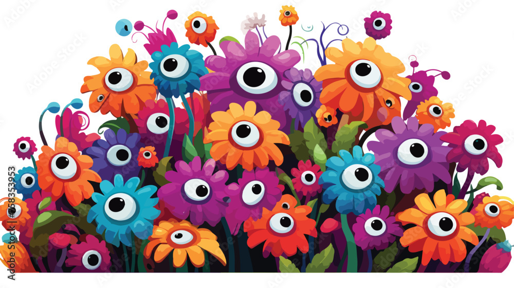 A cartoon garden overflowing with oversized flowers