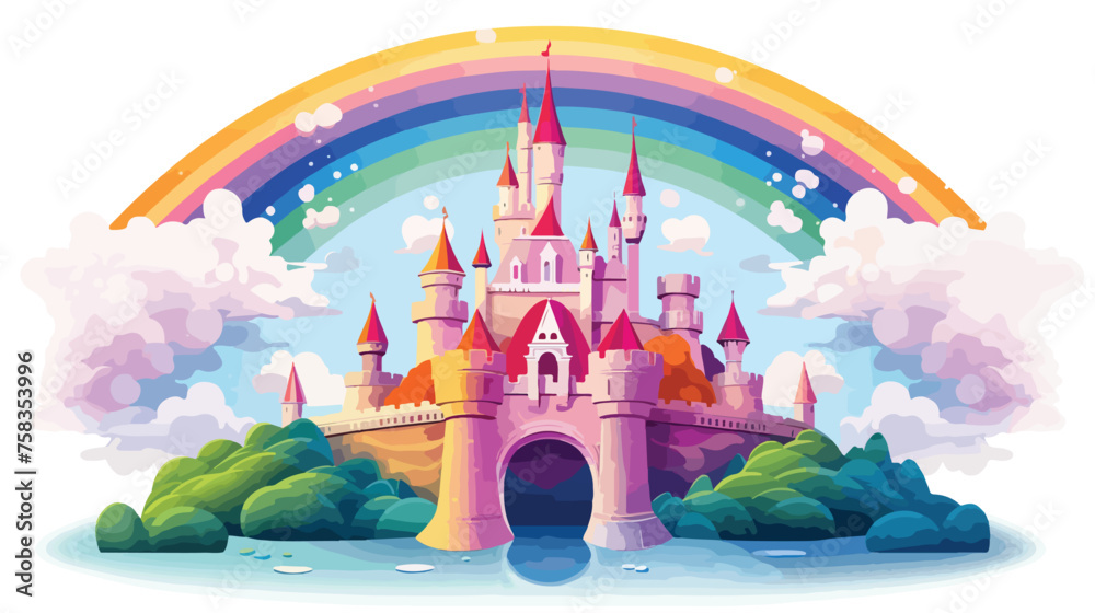 A castle floating in the clouds with rainbow bridge