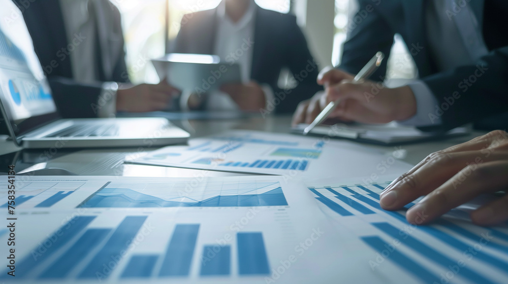 A team of professionals discussing financial reports and charts in a boardroom