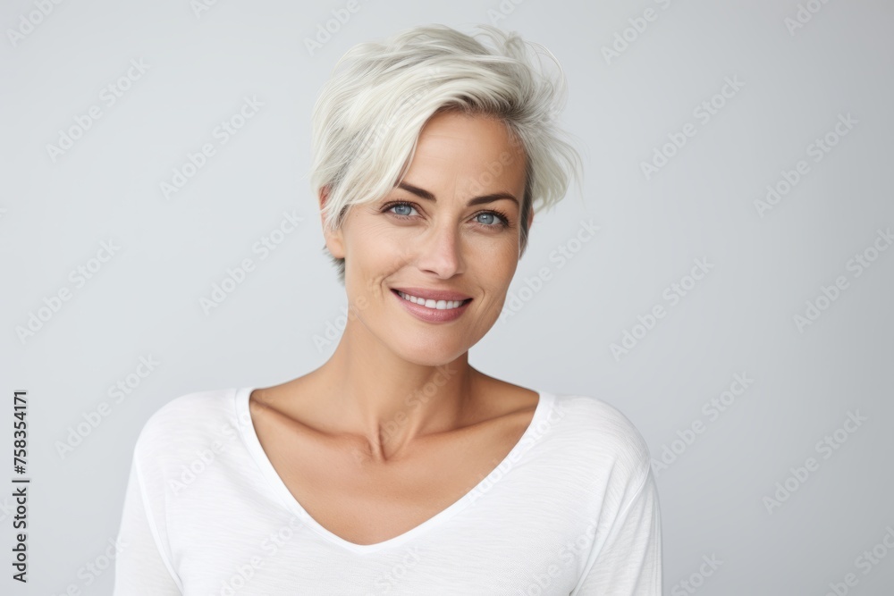 Portrait of beautiful young woman with short blonde hair, isolated on grey background Portrait of beautiful young woman with short blonde hair, isolated on grey background