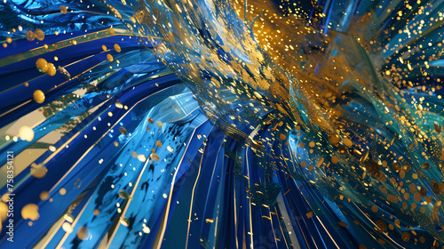 Digital artwork with predominantly blue and gold colors, suggesting the dynamic energy of a New Year's Eve party