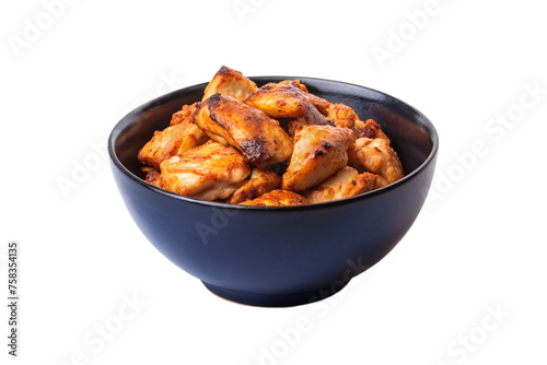 Roasted chicken in a black bowl isolated on a transparent background.