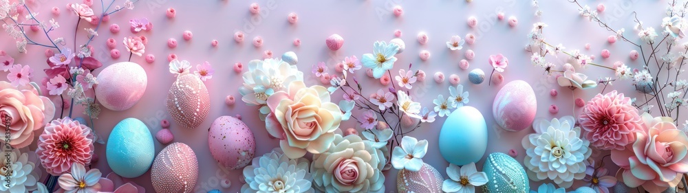 A collection of Easter eggs and cherry blossoms against a pink background. The eggs are in shades of pink and blue and are placed among the blossoms. A collection of Easter eggs and cherry blossoms against a pink background. The eggs are in shades of pink and blue and are placed among the blossoms.