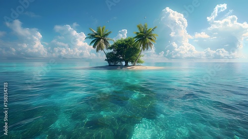 Isolated island with one palm tree, pristine water.