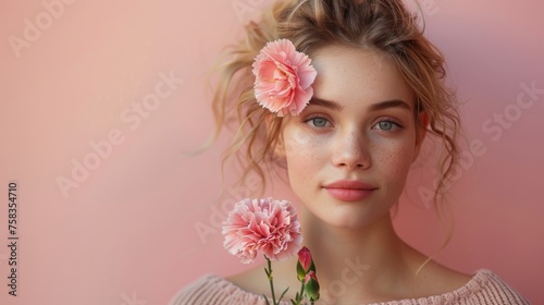 Young woman with freckles is holding a pink carnation flower, with a soft pink background
