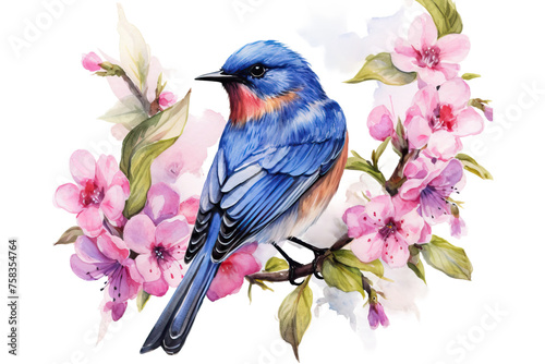 background blooming white sitting green flowers leaves tender sialia bluebird pink bush watercolor isolated bird eastern weigela illustration spring photo