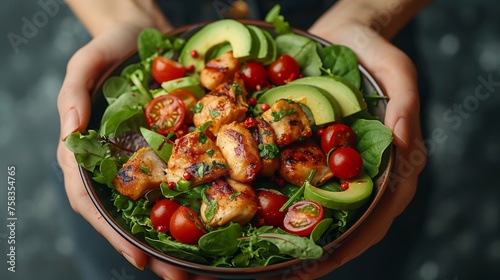 A person holds a bowl with grilled chicken, avocado slices, cherry tomatoes, and mixed green salad © TheGoldTiger