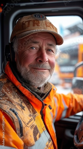 A smiling bearded man wearing a cap and dirty hi-vis jacket sits inside a vehicle cabin