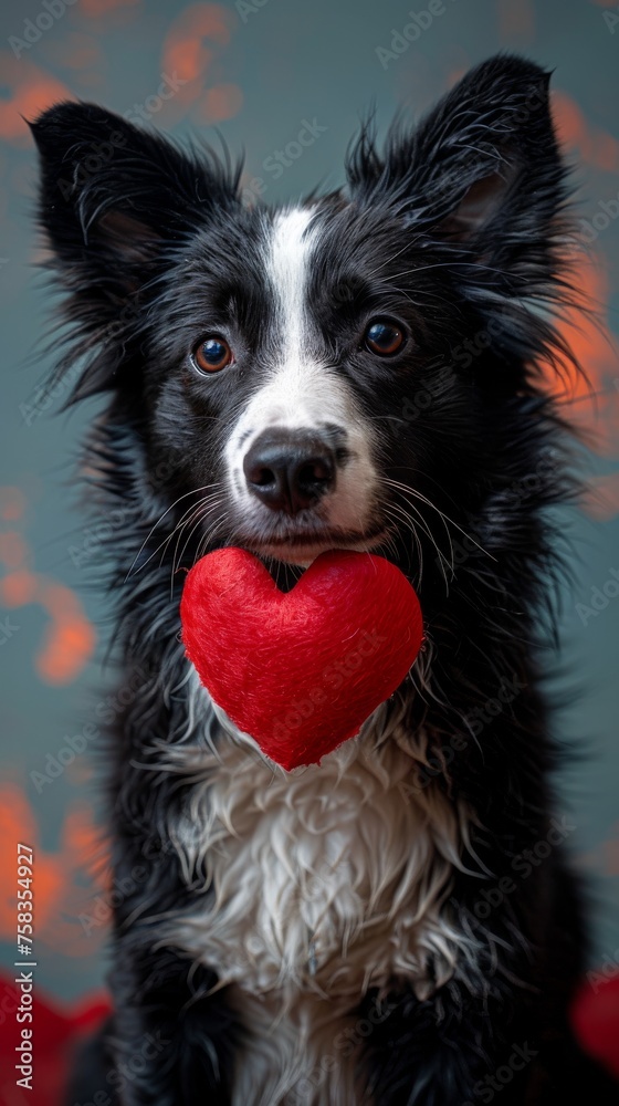Black and white dog holding a red heart-shaped object in its mouth, looking forward
