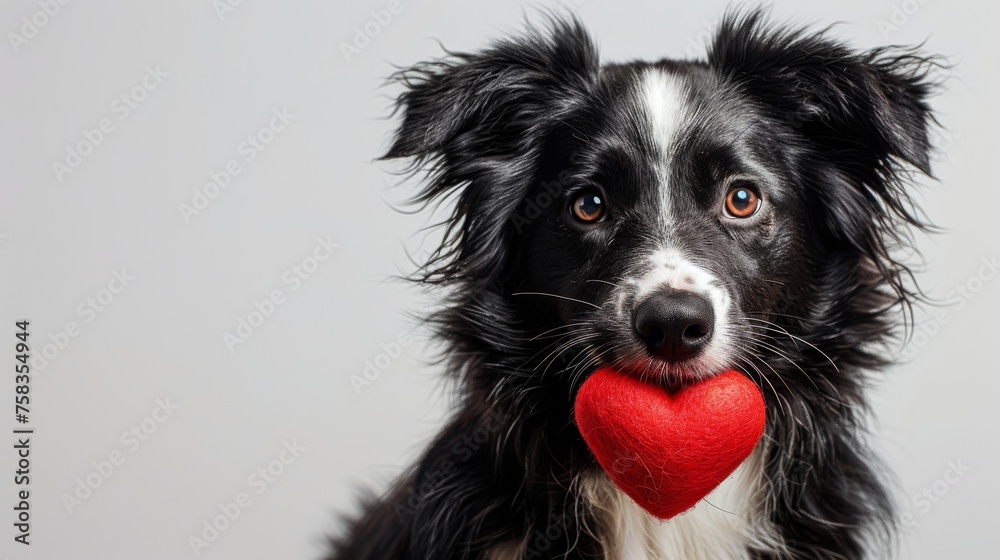 Black and white dog with a red heart-shaped object in its mouth against a grey background