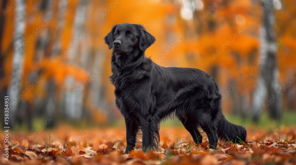 Black dog stands amidst fallen autumn leaves, with a backdrop of vibrant orange trees