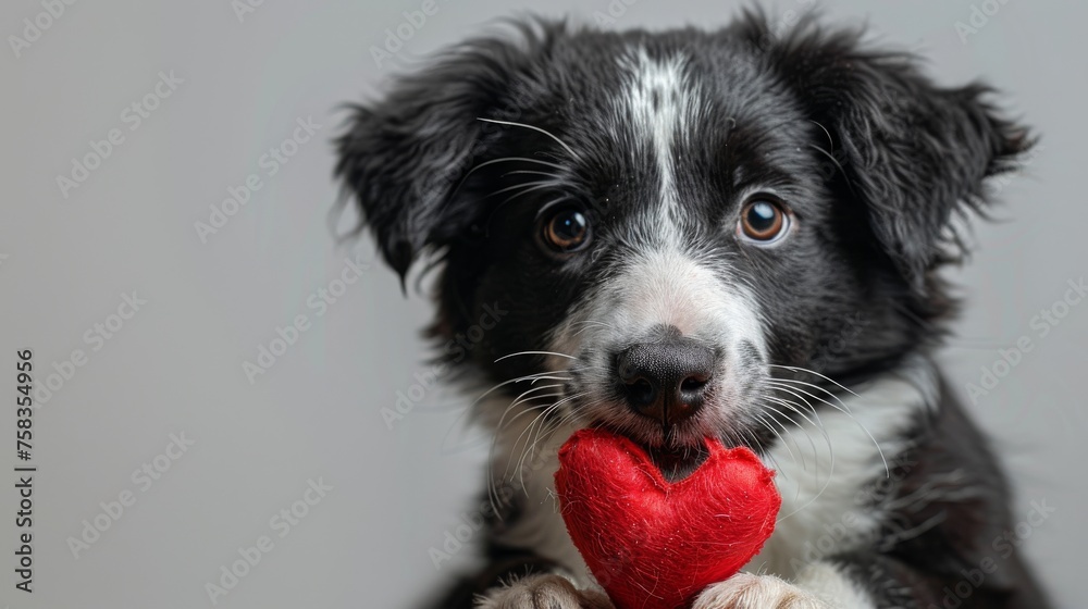 Black and white puppy with expressive eyes holds a red heart toy in its mouth
