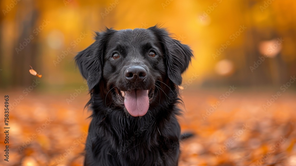 Black dog with a shiny coat sits among fallen leaves in a serene autumn forest