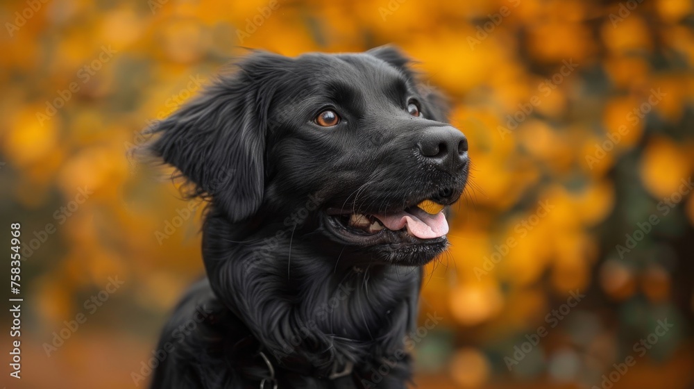Black dog with glossy fur is looking aside against a blurred orange and yellow foliage background