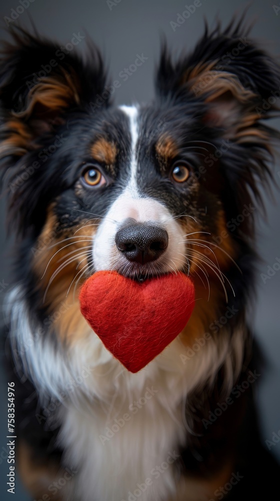 Border Collie dog holding a red heart-shaped plush toy in its mouth, looking adorable